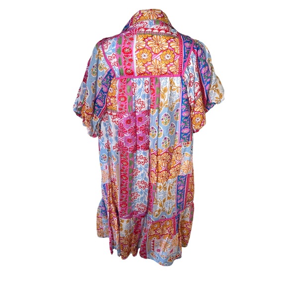Umgee Womens Patchwork Floral Smocked V-Neck Mini Dress Pink Blue Orange Large - Picture 2 of 6